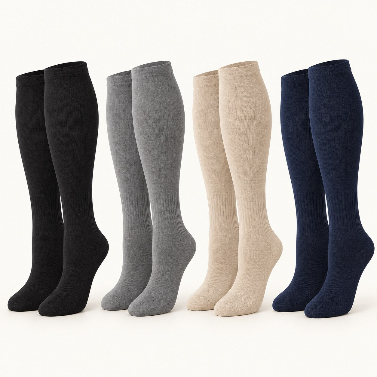 Helfärgade knähöga strumpor i svart, grått, beige och marinblått – illustrativ produktbild.